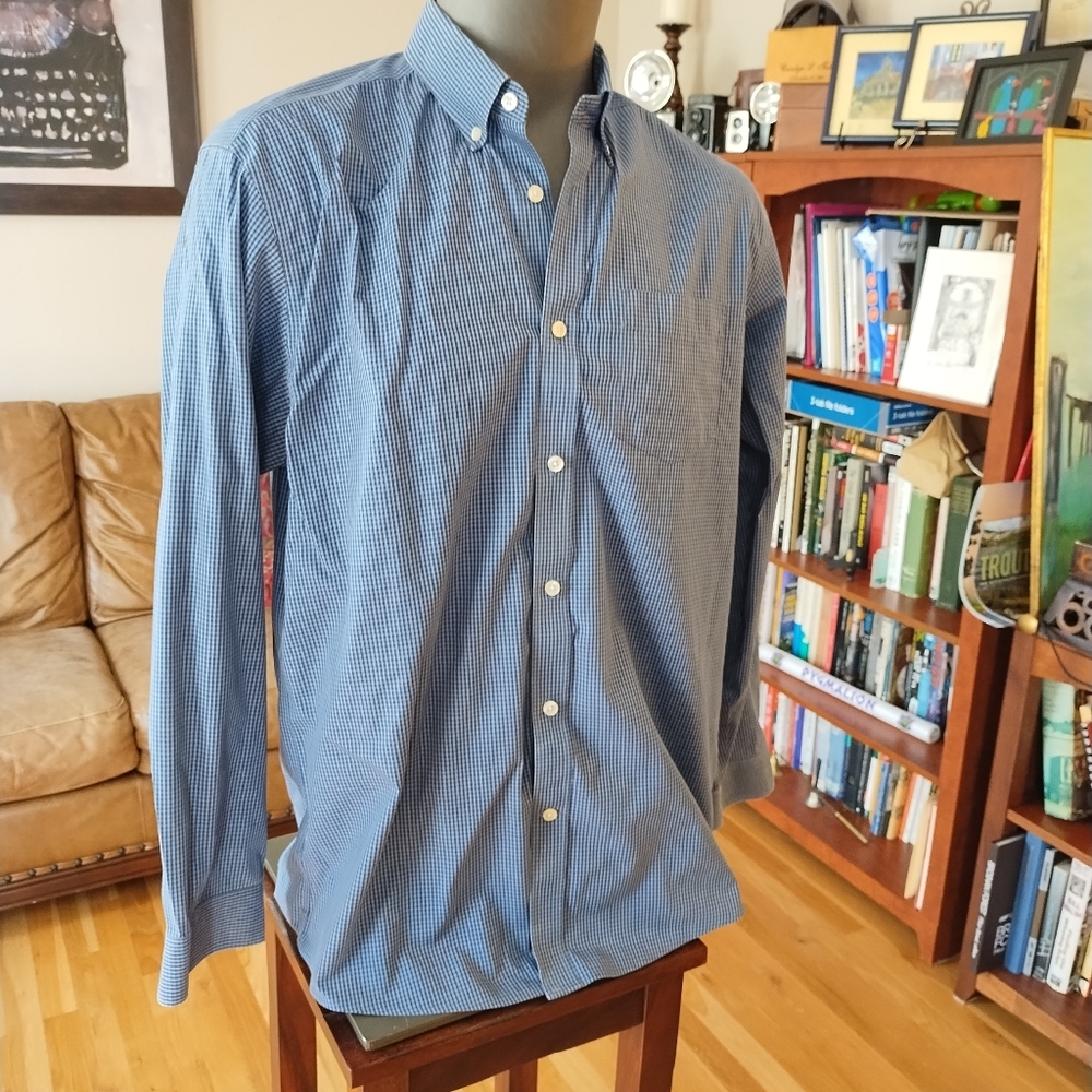 Eddie Bauer Long Sleeve Oxford Shirt Blue Wrinkle Free Check Size L